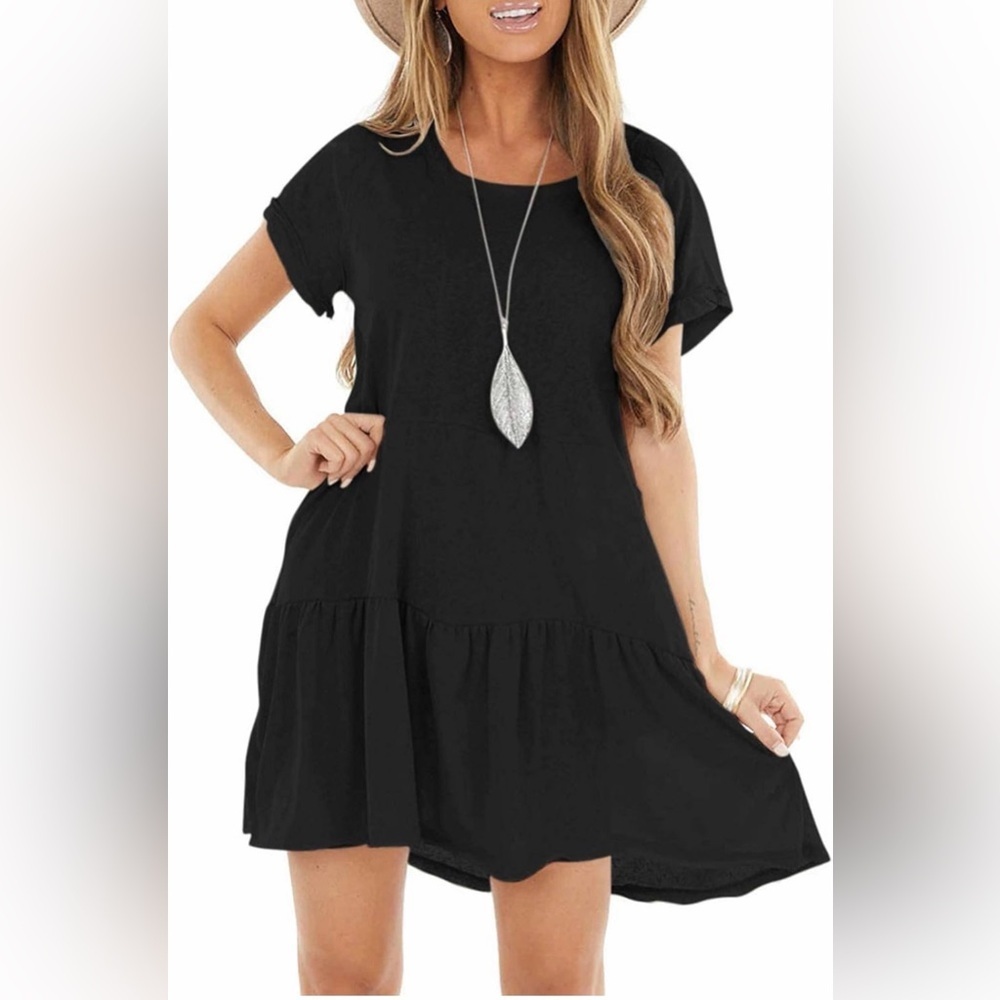 Large berryou tiered tee shirt dress pockets black Black Short sleeve Ruffle